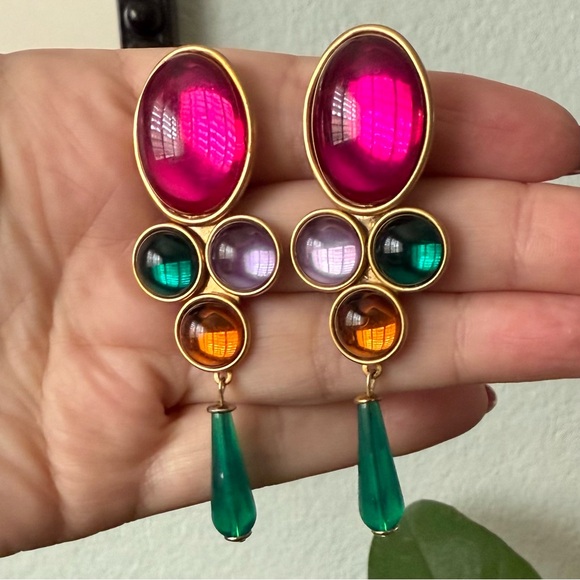 Vintage 80s Acrylic Matte Gold Dangle Cabochon Clip on Earrings Multicolor Drop - Picture 9 of 12